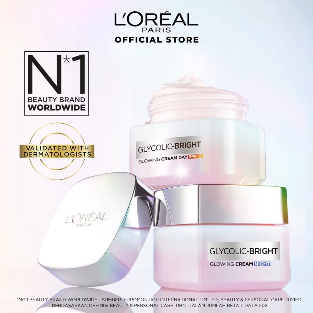 L'Oreal Paris Glycolic Bright Glowing Day Night Cream 15ml / 50ml Skincare Krim Glyco Loreal - Glicolic Acid AHA Skin Care Wajah Pink