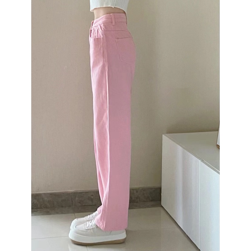 Pink Highwaist Lurus Kasual Loose Celana Jeans Wanita