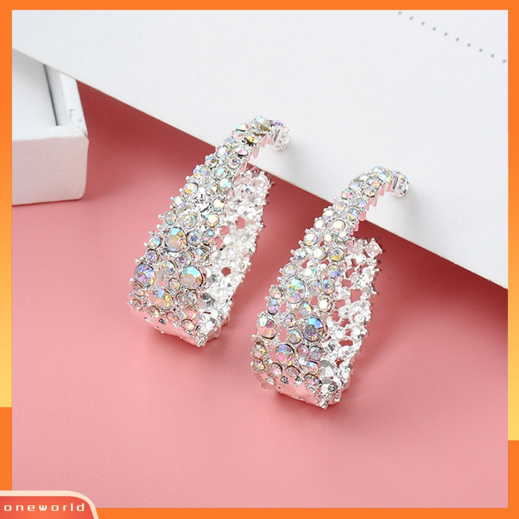 {oneworld} Women Ear Studs Shiny Colorful Rhinestones U-shaped Stud Earrings Perhiasan Tindik Untuk Pesta