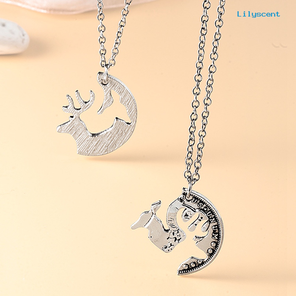 Ls 2Pcs Deer Puzzle Disc Pendant Alloy Rantai Klavikula Kalung Pasangan Kekasih Hadiah