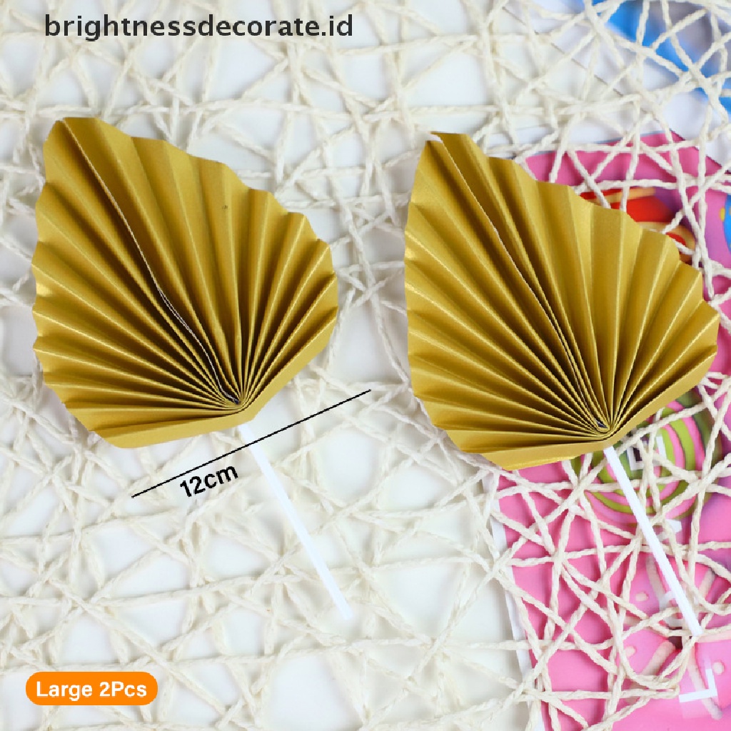 [Birth] 2pcs Paper Fan Cake Topper Gold Palm Leaf Dekorasi Pesta Ulang Tahun Kue Insert [ID]