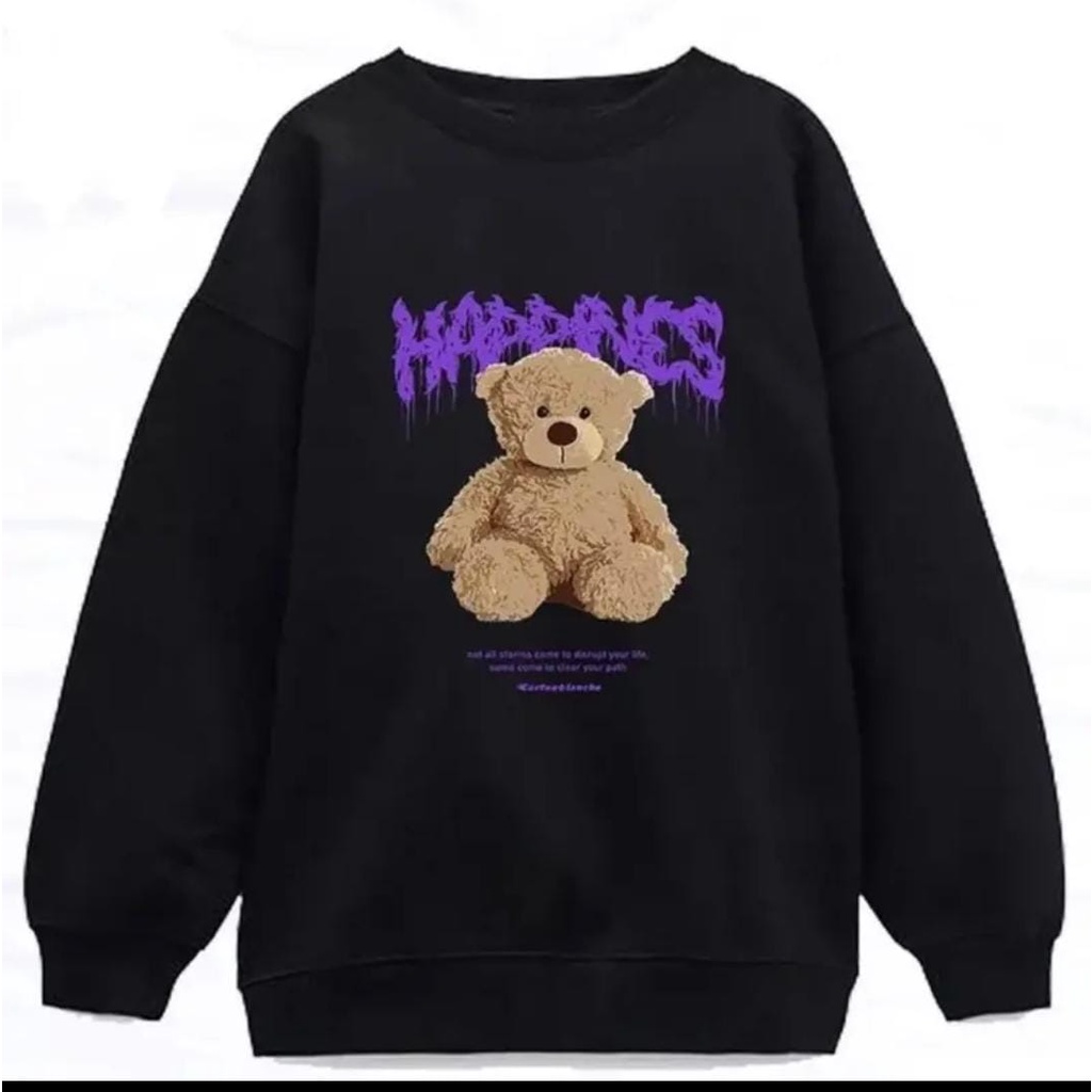 SWEATER WANITA OVERSIZE HAPPINES BEAR // CREWNECK WANITA PREMIUM SIZE XL FLEECE TEBAL LEMBUT TERBARU,