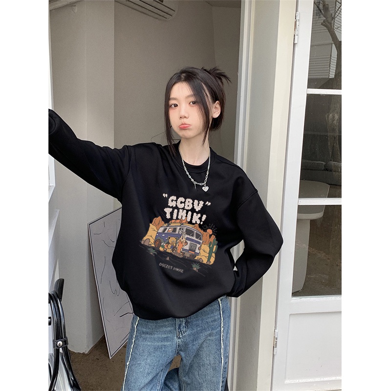 Kaos Stasan Wanita Oversize Couple Sweater American Vintage Cartoon Graphic Priting Top Kekinian Casual Sweater/baju kaos polos