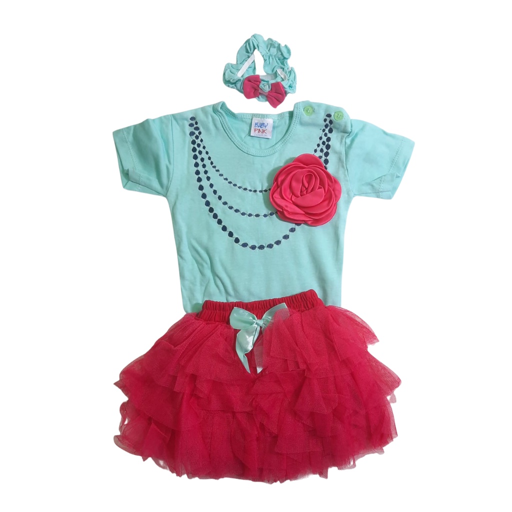 Baju  Bayi Perempuan 3 6 12 Bulan Jumper Set Anak Cewek Cantik Pink Tutu Necklace