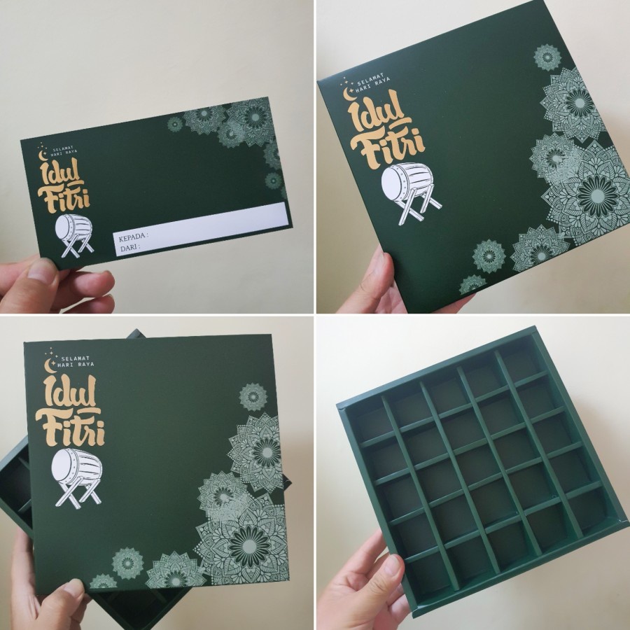 

5 Pcs Kardus Nastar Idul Fitri Hijau Tua Sekat 25 Box Brownies Mini Lebaran Eid Mubarak Ukuran 21x21x3 cm