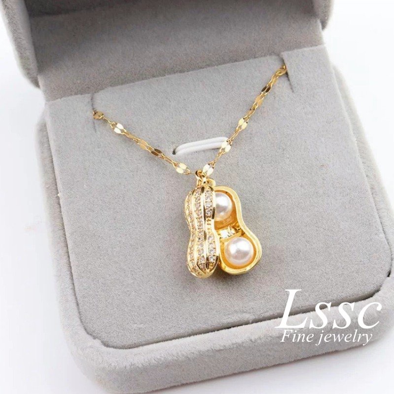 Kalung Titanium Kacang Mutiara Cantik Emas 18K Anti Karat Perhiasan Aksesoris Wanita Fashion Korea