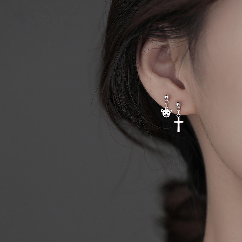 Kami Bunga Indah s925 Perak Salib Beruang Kecil Stud Anting-Anting Untuk Wanita Gadis Halus Kecil Menjuntai Anting-Anting Perhiasan Telinga Mode