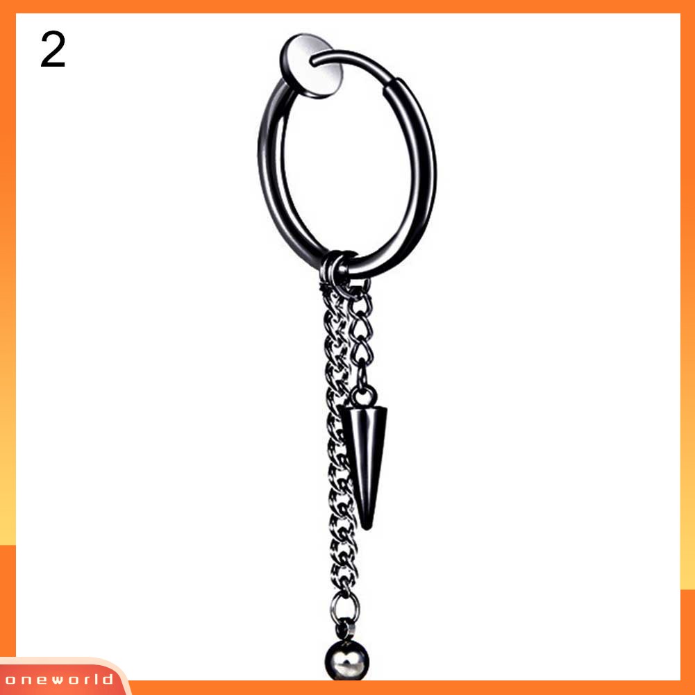 {oneworld} 1pc Pria Fashion Rantai Panjang Tindik Telinga Loop Klip Hoop Anting Perhiasan Hadiah