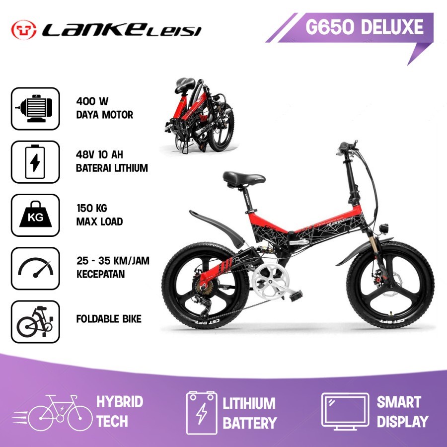 Sepeda Lipat Listrik Batre Lankeleisi Deluxe G650 Elektrik Bike - Red