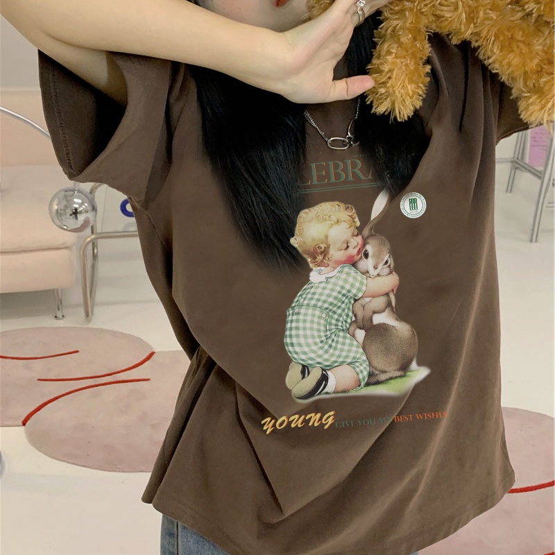 Brown Print T-shirt Kaos Lengan Pendek Cartoon Boy Rabbit Oversize Korean Style