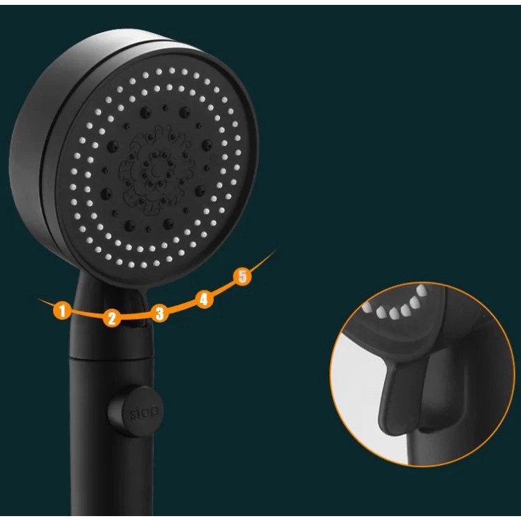 Handshower 5in1 hitam 07-semprotan air mandi on off button stop hand shower black 5 fungsi kepala head