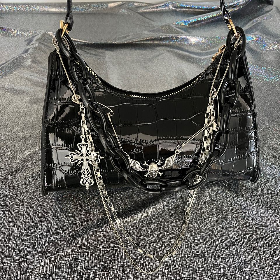 ♦Original Diablo ins cross skull Yabi y2k casual punk hot girl chain pin handbag armpit bag[]