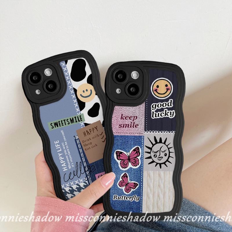 Oppo A17 A15 A12 A5s A55 A57 A16 A54 A96 A17K A76 A1k A95 A77 A3s A5 A9 A74 A7 A16K A16s A77s A53 A52 Reno 85f 7Z 6pola Sambungan Kupu Smiley Label Wavy Edge Soft Case