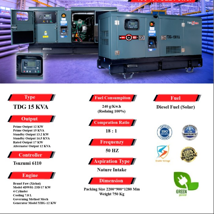 Genset Silent 15 kva 3 phase TSUZUMI FAW Army Model TDG 15 KVA