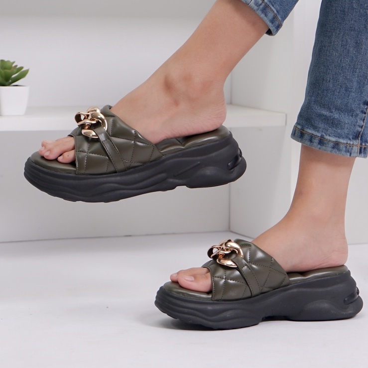 LAPEPA YUK - Dunkenstock CHERIYA Sandal Wanita Wedges Chain Tinggi 5cm Size 36 - 40 Casual Sendal Platform Bellezza 37 38 39 Santai Slop Belleza Warna Olive Green Selop Premium Original Beleza Kekinian Terbaru Shoes ORI Mall Official Store