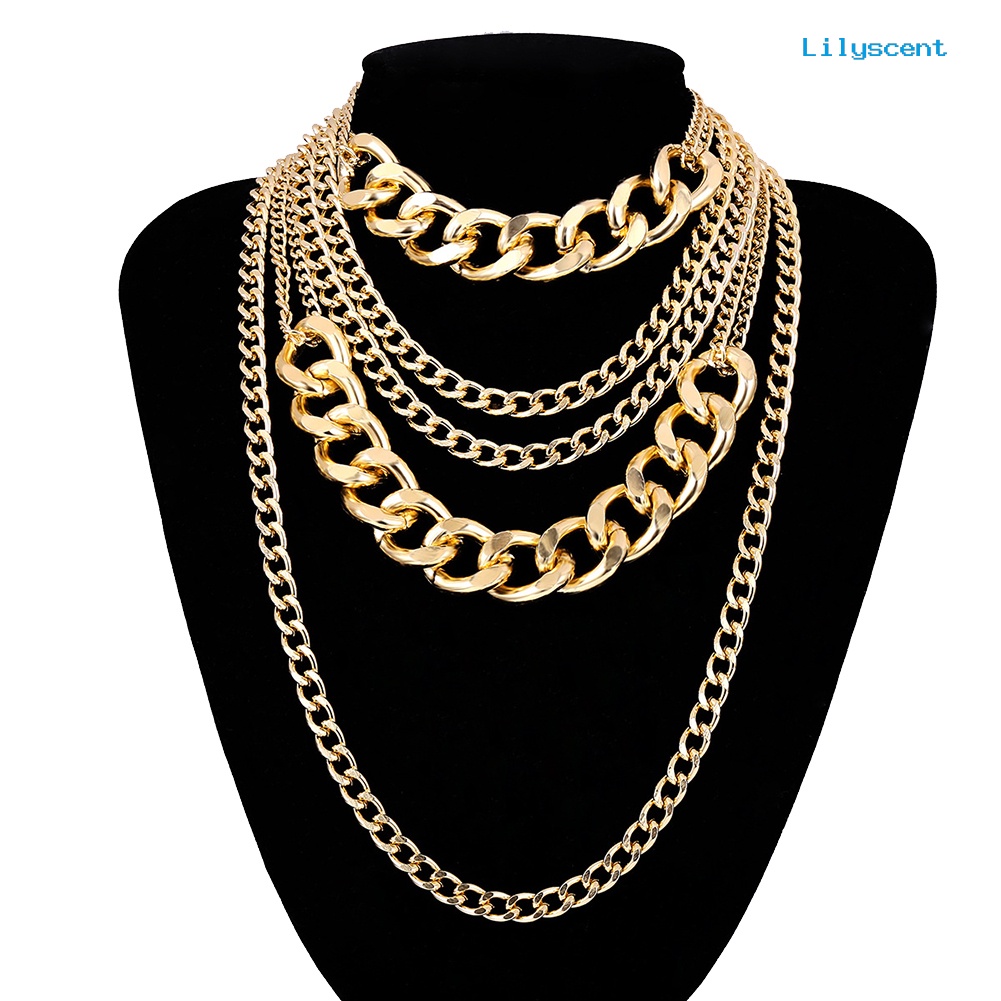 Ls Punk Wanita Multi-layer Curb Rantai Pernyataan Kalung Rock Hip-hop Perhiasan Hadiah