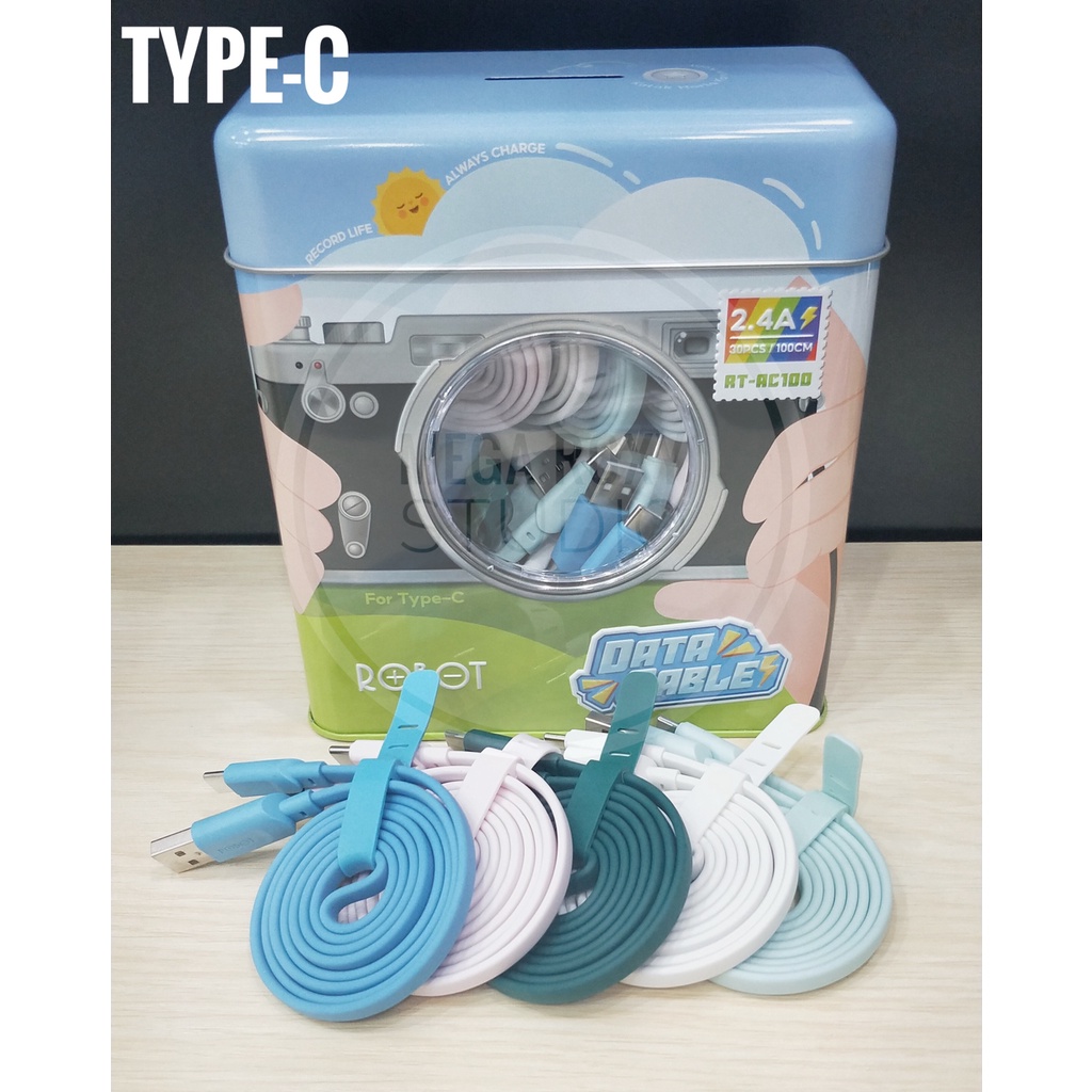 (1 Kaleng isi 30pcs)Robot Data Cable RT-AC100 Colorful USB Kabel Data Fast Charging TYPE-C free toples celengan cantik by.sultan