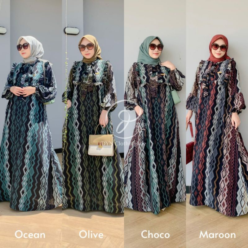 DYN Marsha Dress Gamis Jet Black Motif Etnik Batik Kekinian