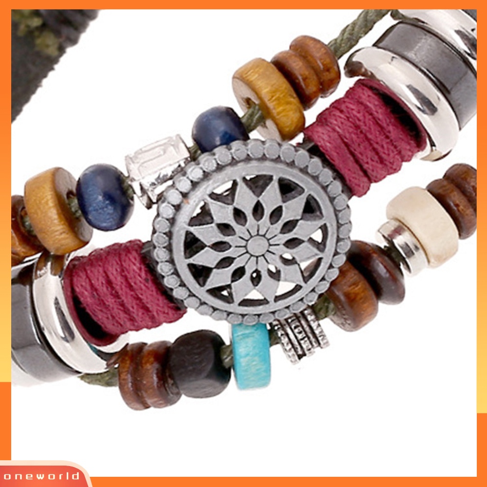 {oneworld} Boho Wanita Multi Layer Manik-Manik Anyaman Tali Kulit Gelang Adjustable Perhiasan