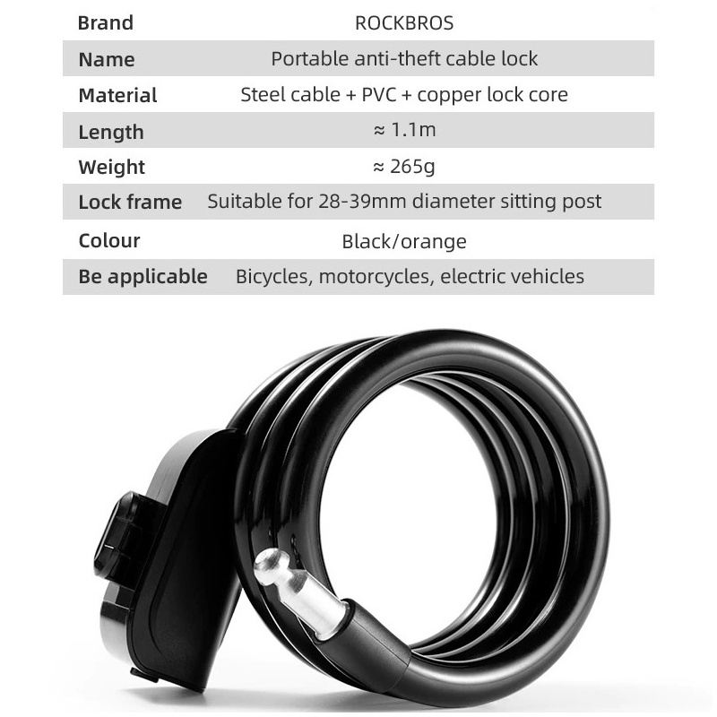 ROCKBROS RKS515 Kunci Gembok Sandi Sepeda  ABS Sepeda-Bike Bicycle Lock Ring 110CM hitam/jeruk Portable Cable Lock