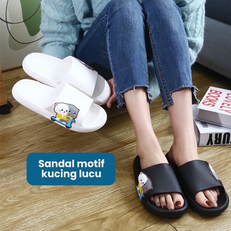 Mainland Sandal Slip On Wanita Sendal Karet Rumahan Model Kucing Lucu Sandal Comfy Kekinian HSN143