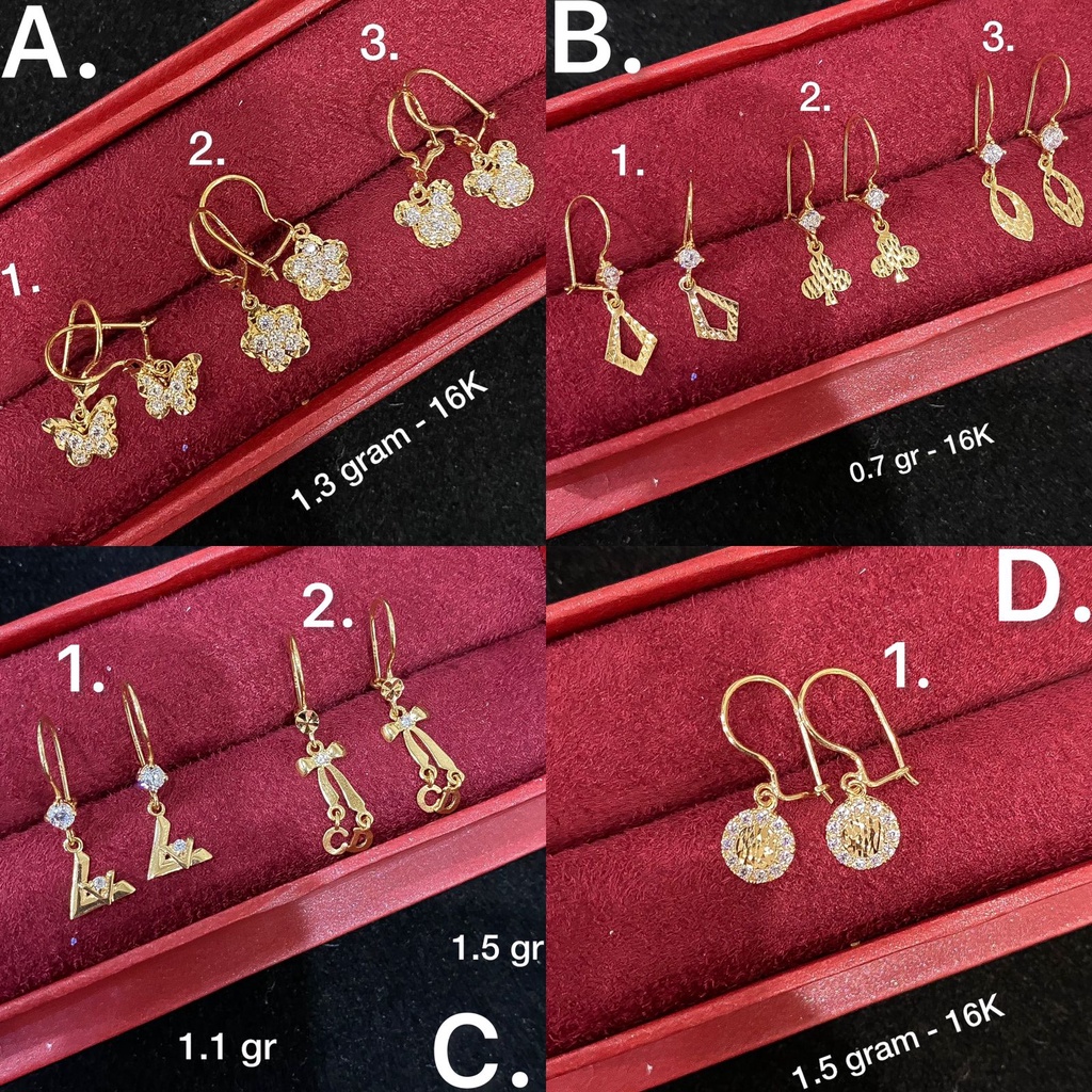 Anting desi anak dan dewasa emas asli kadar 700 70 16k smile mariposa micky bunga clover pita branded solitaire mikie gantung kerabu giwang