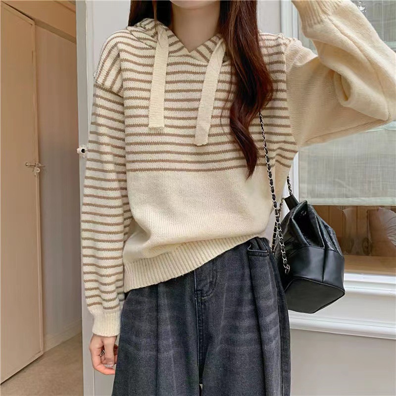 Fira Sweater Hoodie Stripes Top Soft Knit Import - Baju Rajut Wanita Tangan Panjang TM (M3808)