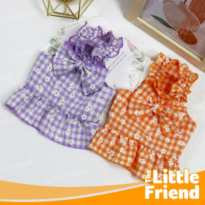 Baju Dress Skirt Anjing Kucing Motif Plaid Kotak Bowknot Daisy Flower