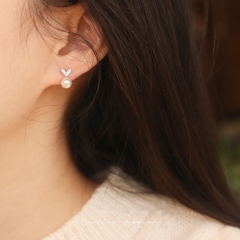 Kami Bunga Korea s925 Perak Bersinar Zirkon Hati Mutiara Stud Anting-Anting Untuk Wanita Gadis Halus Anting-Anting Kecil Perhiasan Telinga Mode