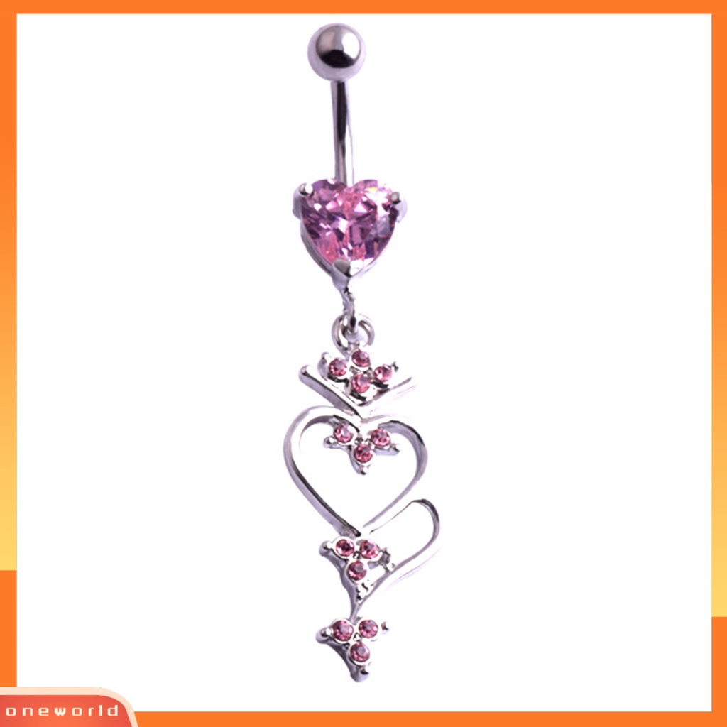 [oneworld] Belly Button Ring Sexy Hypoallergenic Cantik High Gloss Elegan Fashion Perhiasan Stainless Steel Berlian Imitasi Mengkilap Cinta Hati Pusar Tubuh Tindik Menjuntai Cincin Untuk Harian