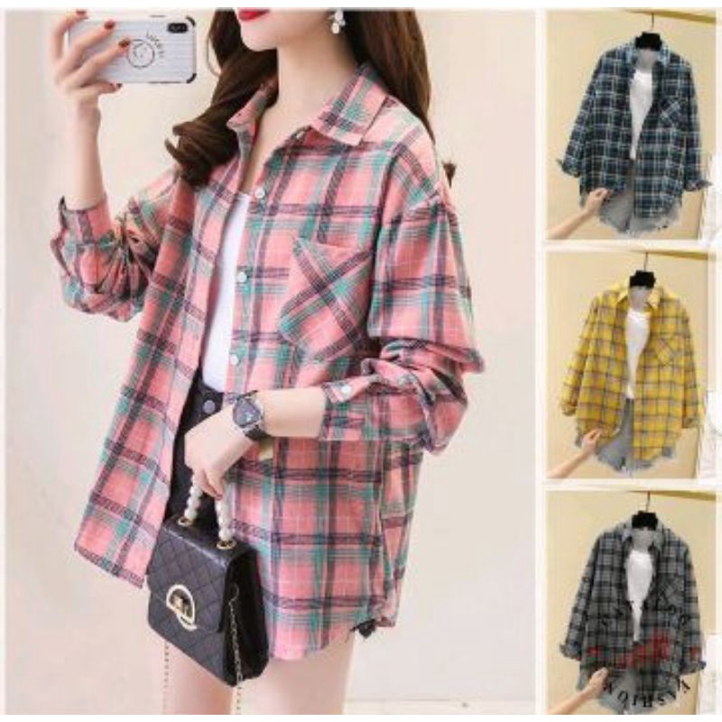 Kemeja Flannel Wanita Lengan Panjang Bahan Adem Nyaman Dipakai Kemeja Kotak Kotak Atasan Wanita Dewa