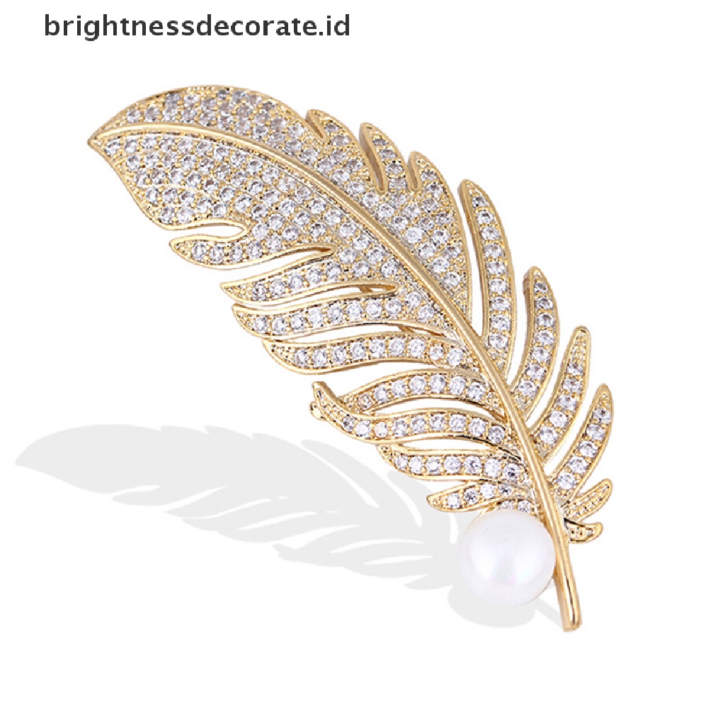 [Birth] Kristal Bulu Daun Berbentuk Bros Mutiara Pin Lencana Tas Dekorasi Perhiasan Pernikahan [ID]