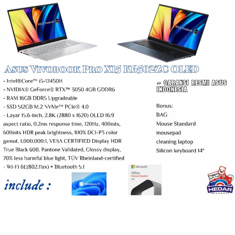 asus vivobook 15 K6502ZC i5 12450H 16GB 512GB RTX 3050 W11 OHS 15 OLED