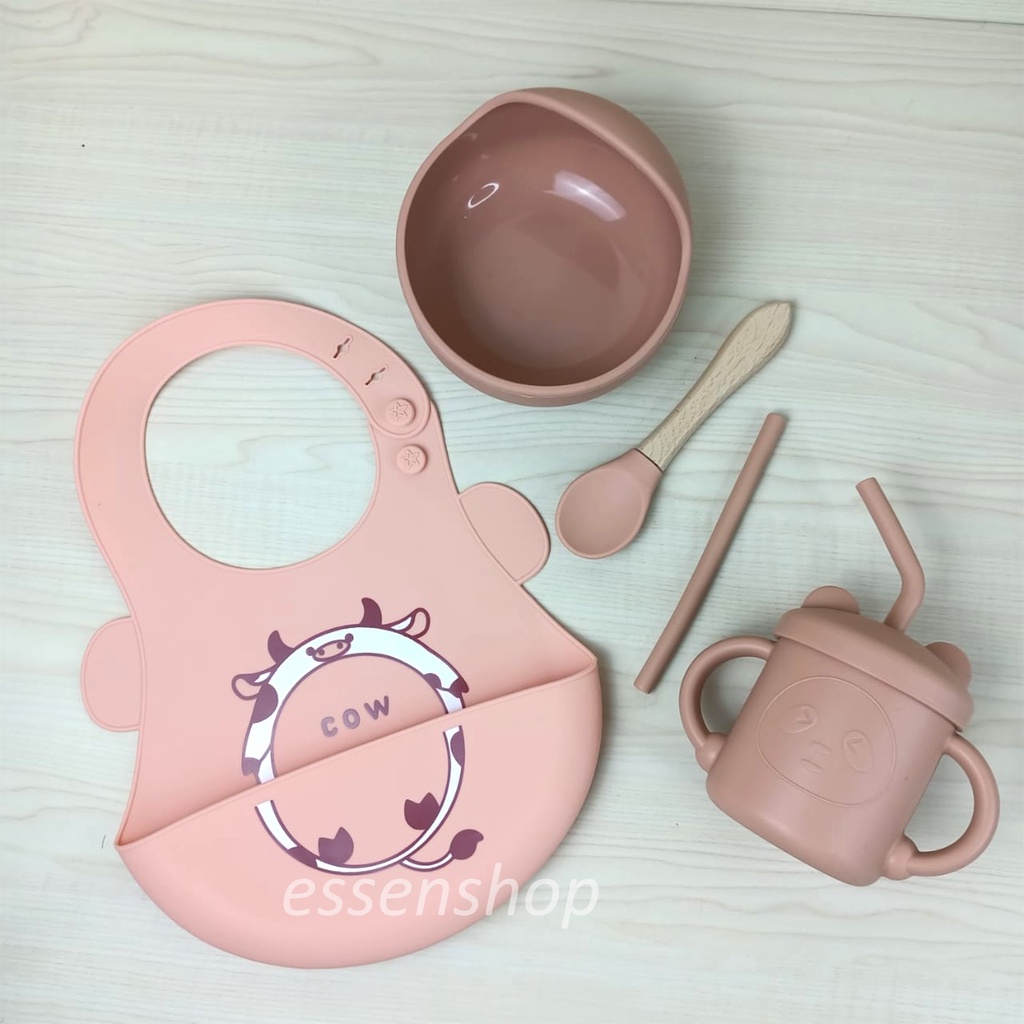 Feeding set Bowl Silicone Suction spoon slabber baby bib piring mangkok sendok anak bayi silikon mpasi