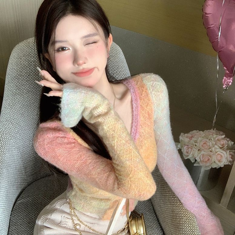 Red 2022 Baru Lengan Panjang Rajutan Cardigan Wanita Musim Gugur Seksi Gadis Panas Dasi Slim Fit Pendek Bottoming top