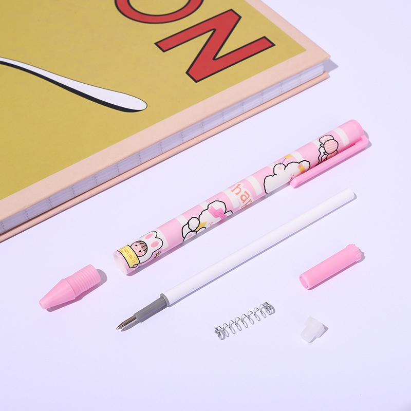 [Warna Random] 0.5mm Kreatif Tekan Tipe Gel Pen Indah Halus Hitam Netral Pulpen Siswa Netral Pulpen Alat Tulis Kartun Pola Kelinci Lucu Pink Gel Pen