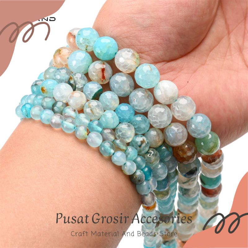 Manik Batu Aquamarine Serat Ite ite Agate Kuarsa Bulat 4-12Mm