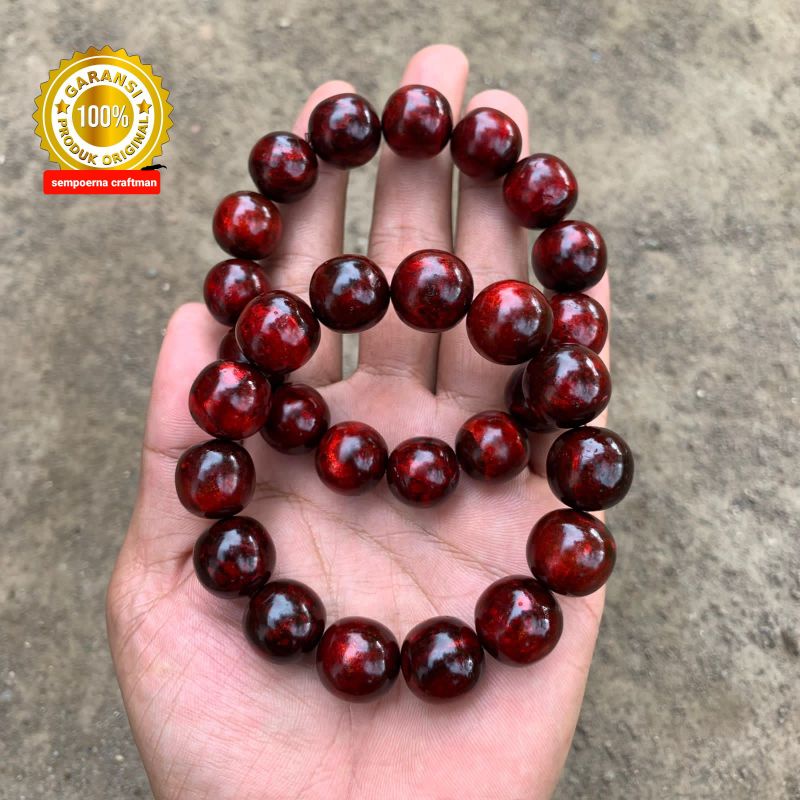 Gelang Tasbih Akar Bahar Merah Delima Tembus Cahaya Asli Super 100% Original