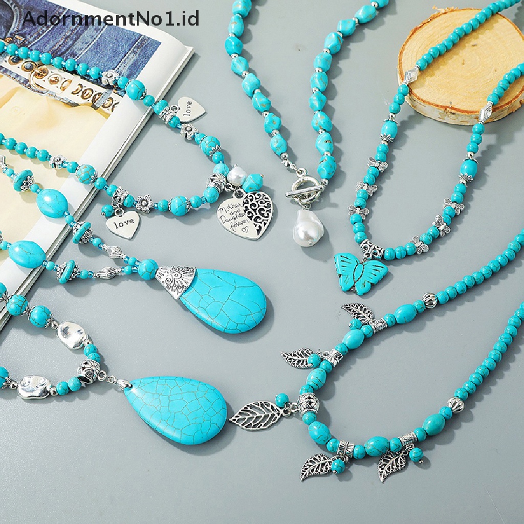 [AdornmentNo1] Vintage Perak Disepuh Turquoises Stone Pendant Kalung Bohemia Perhiasan Pernyataan Tetesan Air Logam Liontin Kalung Wanita [ID]