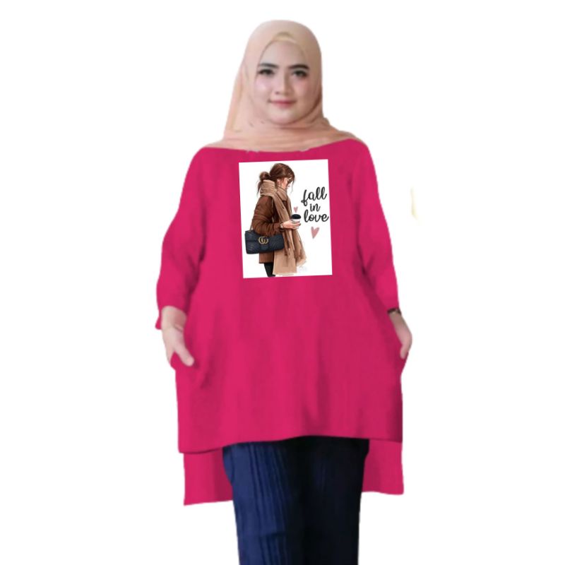 Atasan Baju Tunik Kaos Wanita Oversize LD 130 Cm Terbaru 2023 Viral Gambar DTF Bahan Kaos Babyterry . Atasan Baju Wanita Santai Tunik Wanita Dewasa Cewek Jumbo Kekinian Murah Big Size Fall In Love