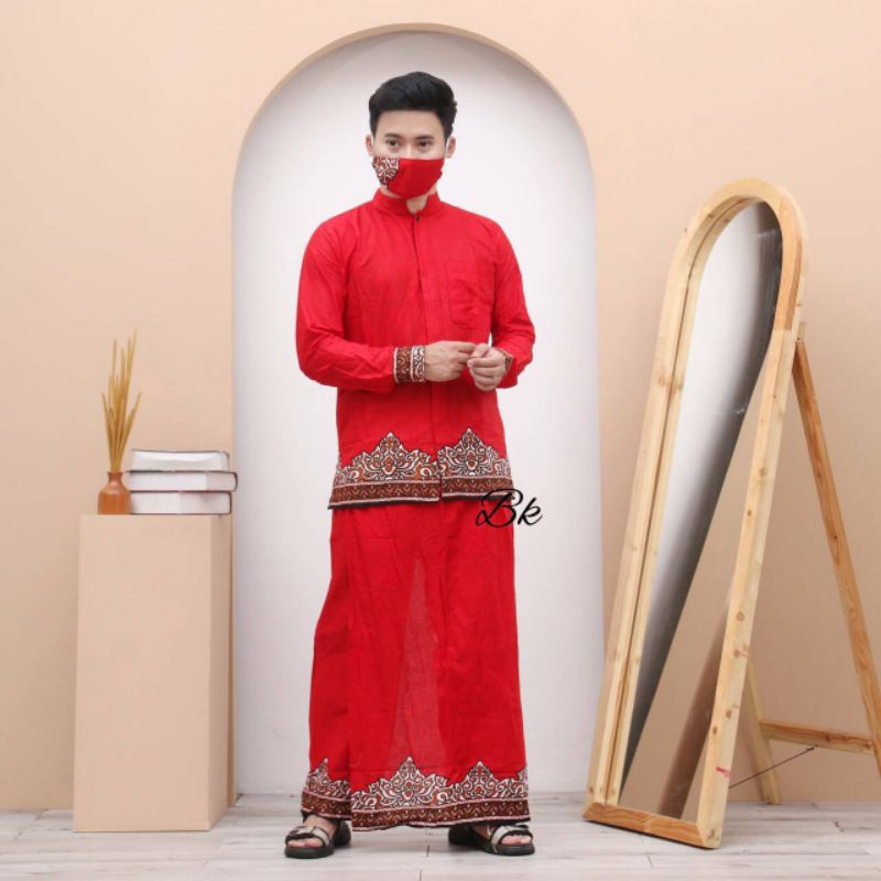 SARCEKO SONGKET SETELAN BUSANA MUSLIM BAJU KOKO CELANA FREE MASKER PRIA COWOK DEWASA WARNA HITAM ABU