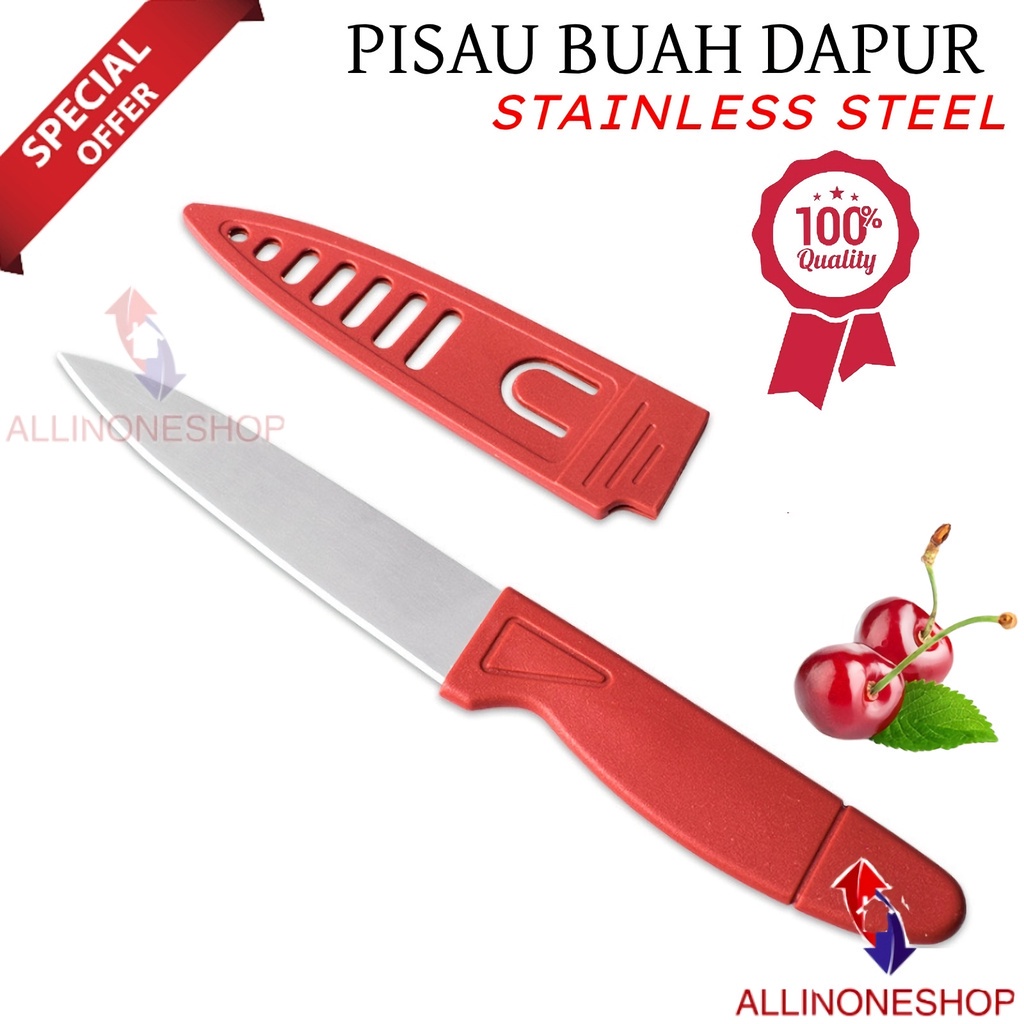 PISAU DAPUR STAINLESS SARUNG MERAH / PISAU BUAH / PISAU SAYUR / PISAU PEMOTONG / PISAU POTONG DAPUR DENGAN SARUNG