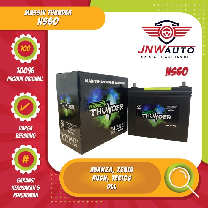 Aki Massiv Thunder NS60 untuk mobil Avanza, Rush, Xenia, Terios, dll