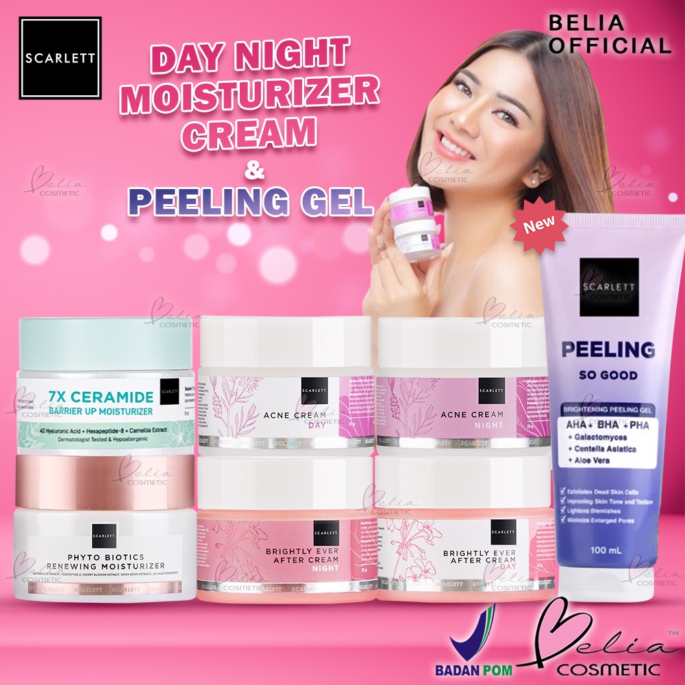 ❤ BELIA ❤ SCARLETT Whitening Day Night Cream Series | Moisturizer | Peeling | Glowing Mencerahkan | Krim Wajah | Pelembab Wajah | BPOM