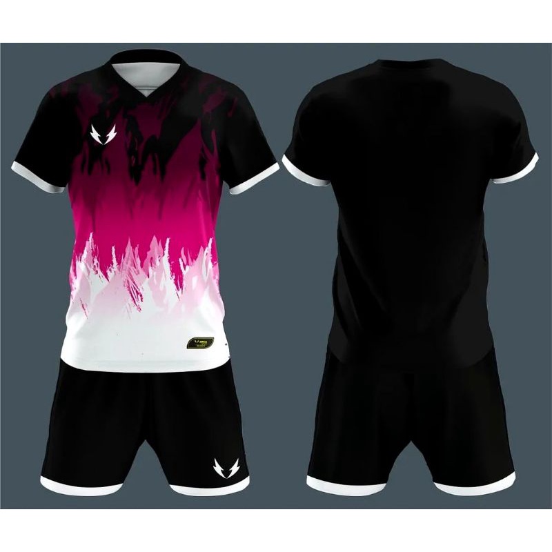 MUZAKAR Baju Futsal Setelan Stelan Jersey Bola SIXA Hitam Pink Putih, Bisa Sablon