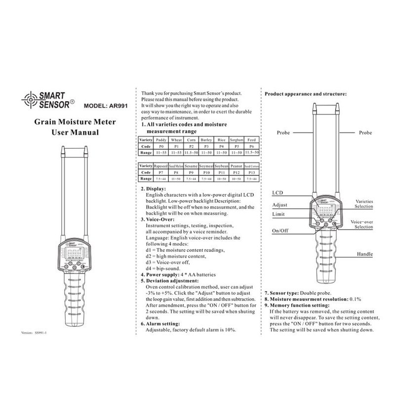 Digital Grain Moisture Meter Pengukur Kadar Air Biji Bijian AR991 Alat