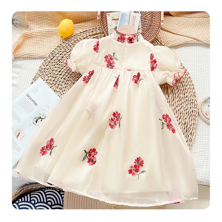 Dress Anak Perempuan Cheonsam Satin Merah Cream Mutiara Impor Premium