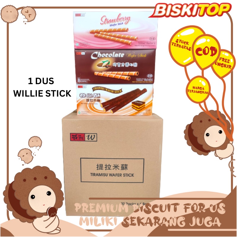 

BISKITOP - WILLIE WAFER STICK 5KG (1 DUS) Biskuit Kue Kering Anak Dewasa Renyah Biscuit Rasa Coklat Stawberry Tiramisu