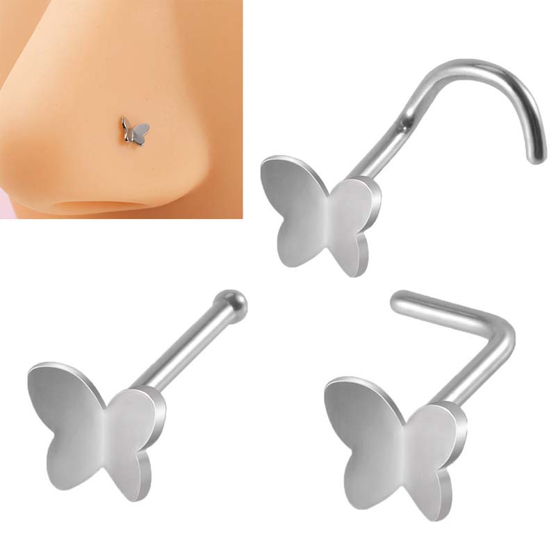 1biji Stud Hidung Bentuk Kupu-Kupu 20Gauge Piercing Stainless Steel Warna Silver Stud Bentuk L