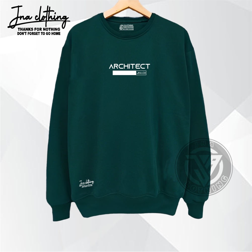 Sweater Crewneck Original Distro Pria Simple Hijau Botol Oversize List ARCHITECT Suiter Oblong Katun Tebal Lembut Terlaris